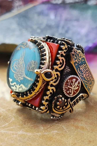 Diriliş Takı Kırmızı Üzeri Turkuaz Osmanlı Tuğrası Gümüş Yüzük