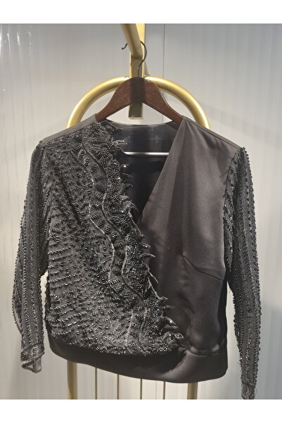 M Butik Haute Couture Boncuk İşlemeli Saten ve Kumaş Detaylı Fantezi Bluz