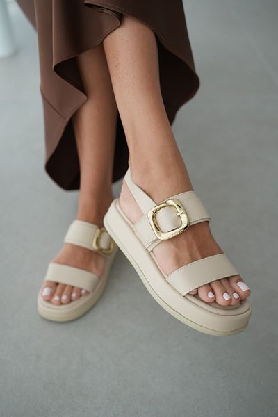 selinshoes Sandale de damă cu toc subțire Nency cu cataramă aurie cu elastic detaliat - BEI