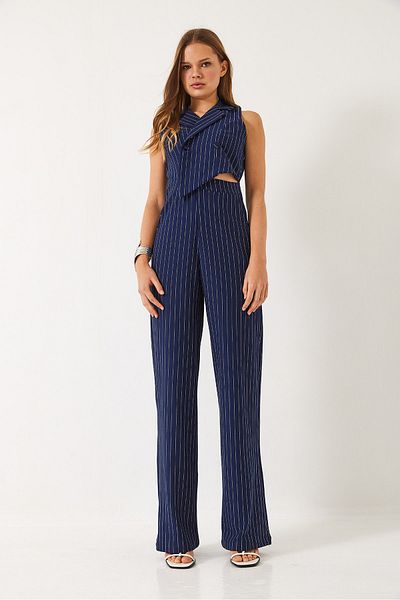 Bianco Lucci Dámský proužkovaný dvouřadý límec Lycra Jumpsuit 90018 60271031