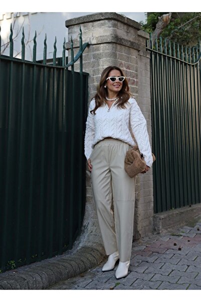 Purple by Banu Beige Beige Beli Lastikli Dikiş Detay Deri Pantolon