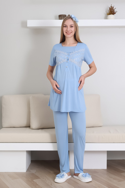 ERDENİZ TEKSTİL Emzirme Düğmeli Hamile Pijama Takımı/ Dantel Sabahlıklı Lohusa Pijama Takım/ Terlik ve Taç Hediyeli