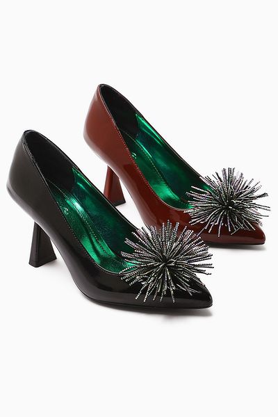 Limoya Choi Burgundy Patent Leather Pointed Toe Stone Tassel Detailed Heeled Women's Shoes