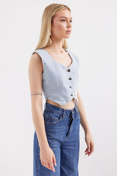 modaserdem 6797 Crop Denim Vest - Blue