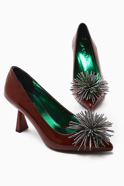 Limoya Choi Burgundy Patent Leather Pointed Toe Stone Tassel Detailed Heeled Women's Shoes