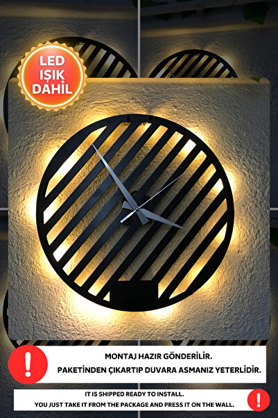 Dekorvin Led Işıklı Modern Mutfak Duvar Saati Sessiz Dekoratif Modern Siyah A...