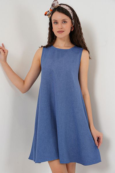 Bigdart Синя мини ленена рокля - 2444 Детайли