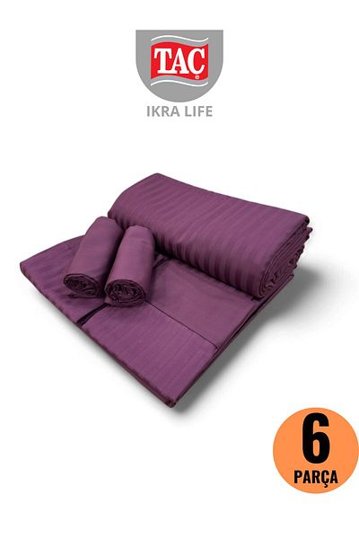 Taç Premium Basic Stripe V1 Murdum Satin Double Duvet Cover Set