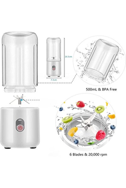 COOYA Portable Blender,USB Rechargeable,500 ML Personal Blender for Smoothie,Fruit and Milk Shake,White