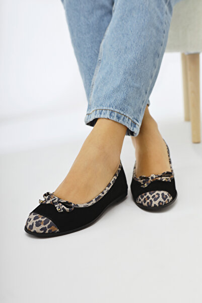 Limoya Hakiki Deri Alfreda Siyah Süet Leopar Detaylı Fiyonklu Kadın Babet