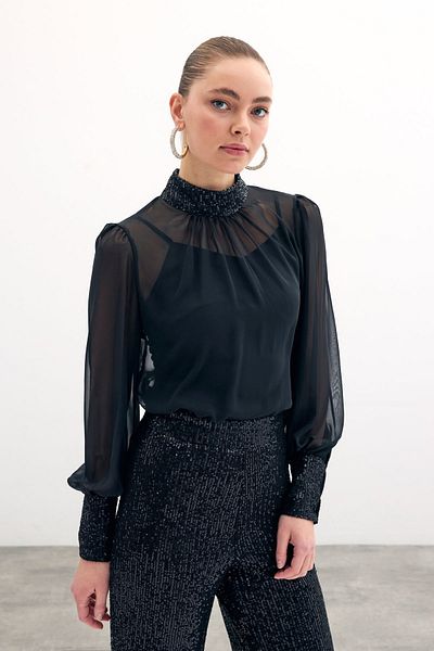 Sateen بلوزة مزينة بالترتر - أسود