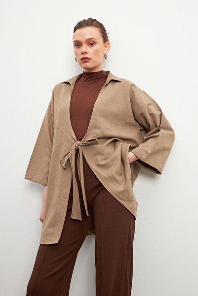 Ladima Women's Biscuit Lacing Detailed Flam Linen Kimono