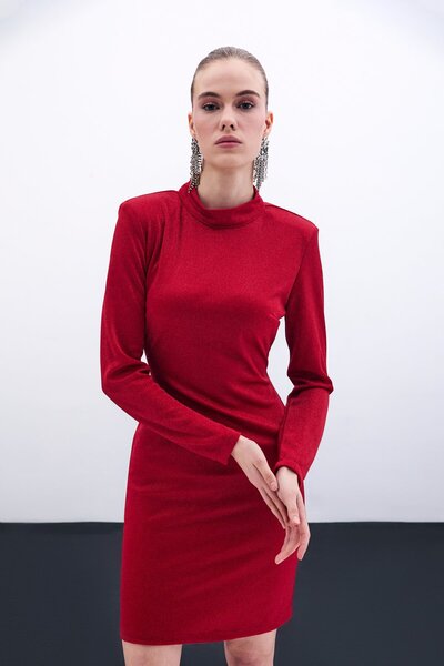 Sateen Parlak Kısa Elbise - Kırmızı