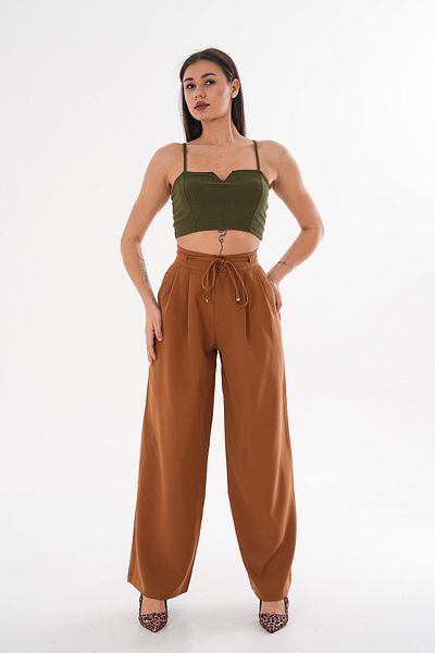 JANSO GROUP -Women's Rope Belt Detailed Loose Wide Leg Double Fabric Pants