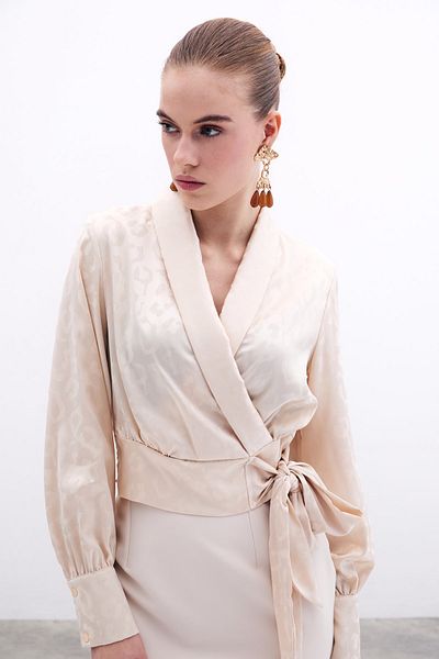 Sateen Satin Blouse with Side Belt - Beige
