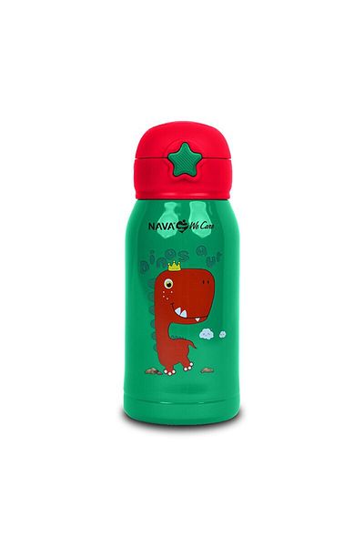 Nava Stainless steel bottle with straw "We Care" green dino, 500ml