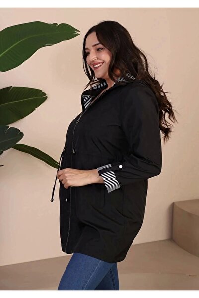 kaes giyim Kadin Kisa Tesettur Trenckot Buyuk Beden Fermuarlı Trenc