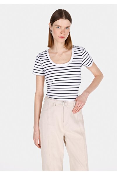 Colin's Slim Fit τετράγωνο γιακά ριγέ Γυναικείο λευκό κοντομάνικο μπλουζάκι