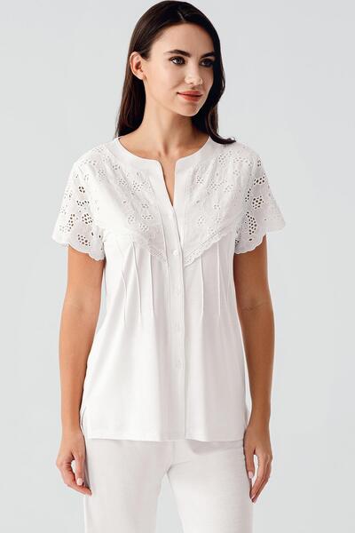 Artış Voile Detailed Buttoned Short Sleeve Stretchy Viscose Maternity Pajama Set