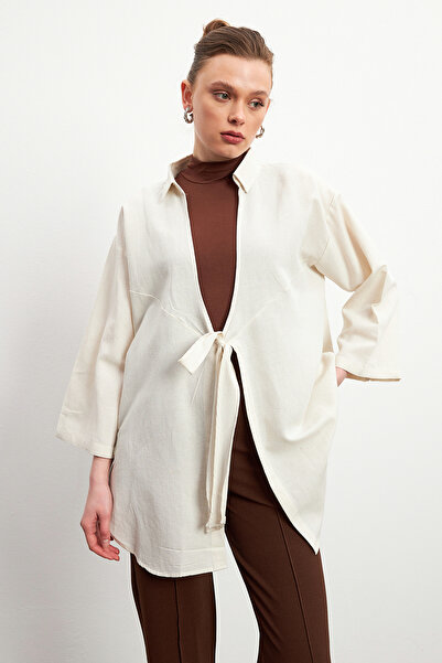 Ladima كيمونو نسائي من الكتان الفلامي مع تفاصيل جلد إكرو