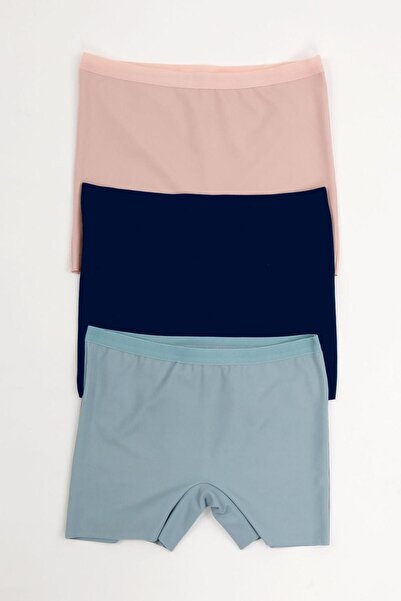 Nicoletta Kadın Lazer Kesim Dikişsiz Kadın Boxer Külot 3 Lü Paket Yüksek Bel Polyester PUDRA