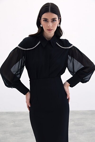 Sateen Balloon Sleeve Shirt with Accessories - Black