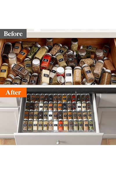 COOYA Spice Rack,Clear,Black,4 Tiers,Set of 8,Jars Storage Tray,Adjustable,Shelf for Kitchen