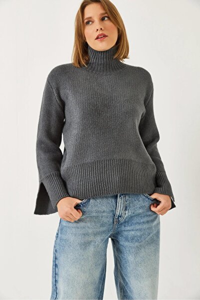 TENA Women's Anthracite Half Turtleneck Sleeves Slit Knitwear Sweater