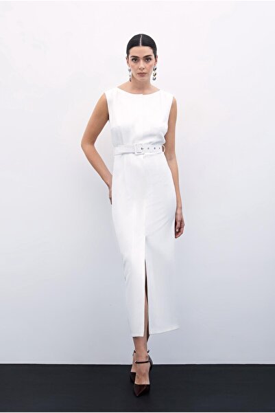 Sateen Kemerli Kalem Elbise - Ekru