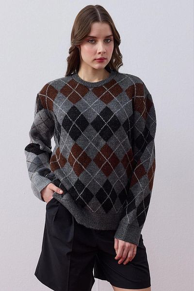 TENA Pulover de damă, gri-negru, cu decolteu rotund, cu modele de diamante, tricotaje colorate