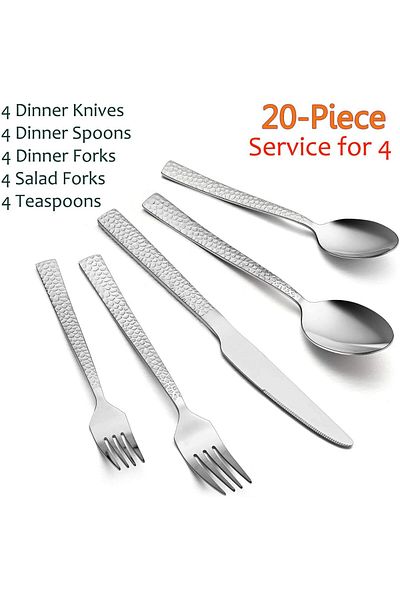 COOYA 20Pcs Hammered Silverware Set, Stainless Steel, Includes Forks Spoons Knives, Dishwasher Safe