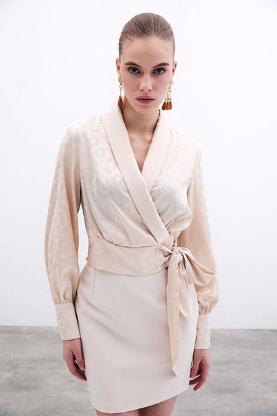 Sateen Satin Blouse with Side Belt - Beige