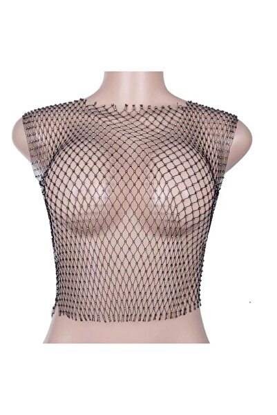 PERLMUTT Crystal Stone Mesh Crop Blouse