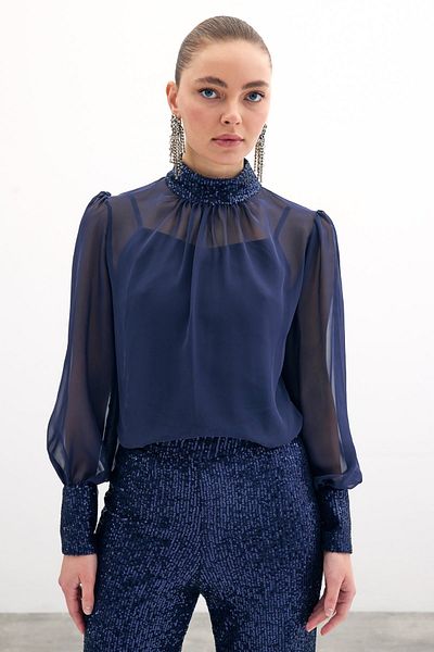 Sateen Sequin Detailed Blouse - Navy Blue