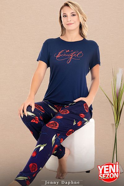Jenny Daphne Σετ πιτζάμες με φλοράλ μοτίβο Navy Blue με κοντό μανίκι και μακριά