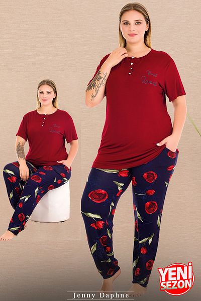 Jenny Daphne Set de pijamale cu imprimeu floral de marime mare, roșu-albastru închis