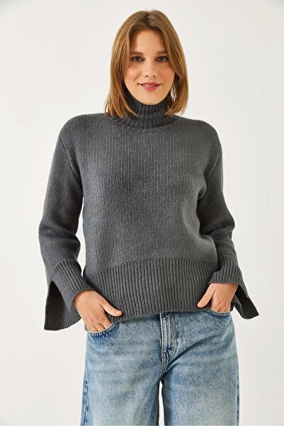 TENA Women's Anthracite Half Turtleneck Sleeves Slit Knitwear Sweater