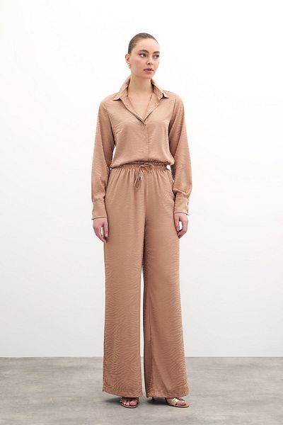 Sateen Zebra Patterned Loose Trousers - Camel