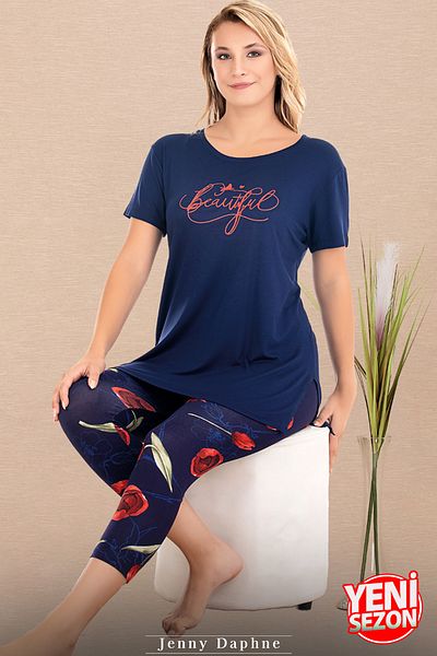 Jenny Daphne Set de pijamale capri cu mânecă scurtă, cu mânecă scurtă, cu imprimeu floral, albastru marin 12074