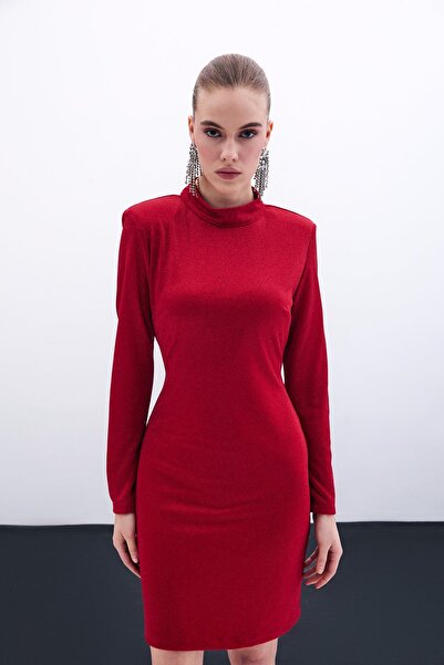 Sateen Parlak Kısa Elbise - Kırmızı