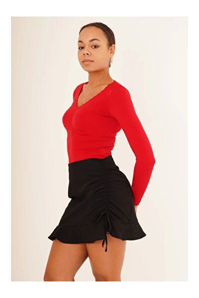 Cotton Mood 23254224 Sandy Collar Zigzag Embroidered Long Sleeve Blouse RED