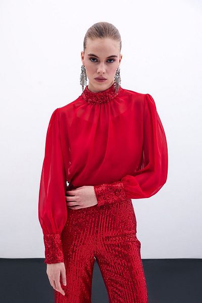Sateen Sequin Detailed Blouse - Red