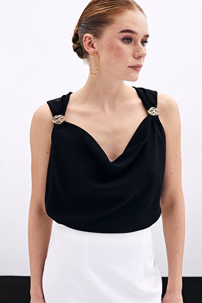 Sateen Degaje Yaka Bluz - Siyah