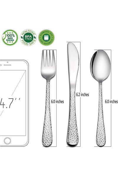 COOYA 9-Piece Silverware Set, Stainless Steel Hammered Preschooler Utensils, Adult Diet Tableware