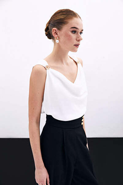 Sateen Degaje Yaka Bluz - Ekru