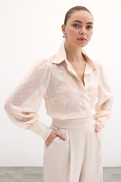 Sateen Beige Women's Dress Who Wants to Be Elevated - Chiffon Shirt with Wide Cuffs