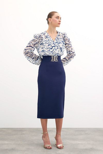 Sateen Pencil Skirt with Accessory Detail - Navy Blue