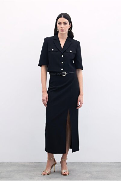 Sateen Yırtmaçlı Kemerli Uzun Etek - Siyah