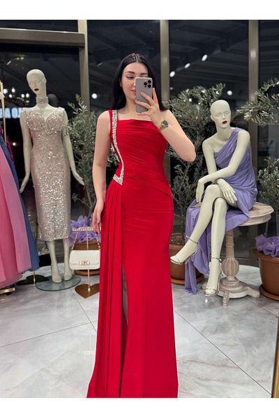 missswans Nadine Stone Embroidered Single Sleeve Front Slit Long Dress Red