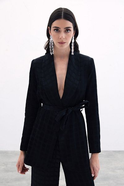 Sateen Τετράγωνο μοτίβο μαύρη ζώνη Chemise